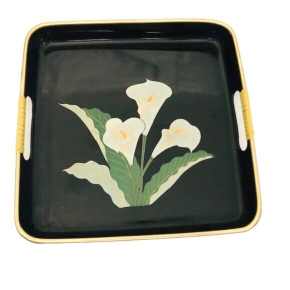 3 Vintage Japanese Black Lacquer Nesting Trays with Lily Detail & Gold Trim - - Picture 4 of 12